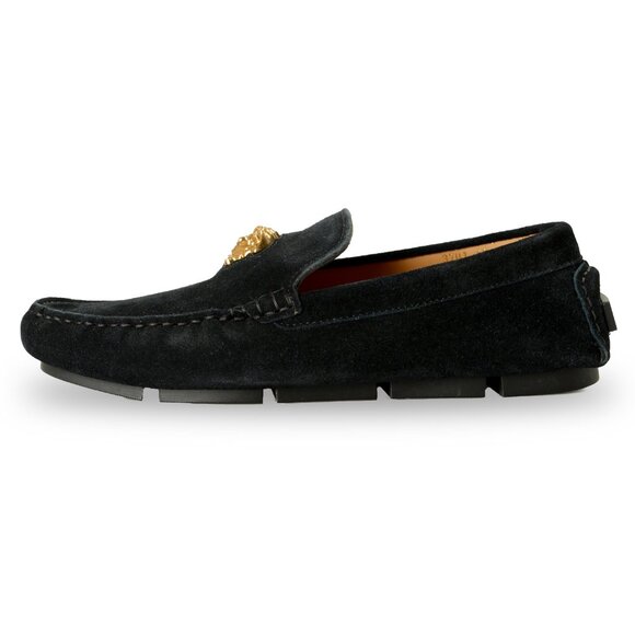 Versace Men\'s 100% Suede Leather Gold Medusa Driver Loafers Shoes US 5 IT 38